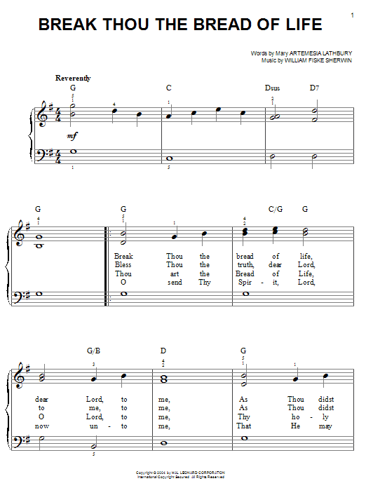William F. Sherwin Break Thou The Bread Of Life sheet music notes and chords arranged for Easy Piano