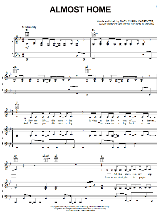 Mary Chapin Carpenter Almost Home sheet music notes and chords arranged for Piano, Vocal & Guitar Chords (Right-Hand Melody)