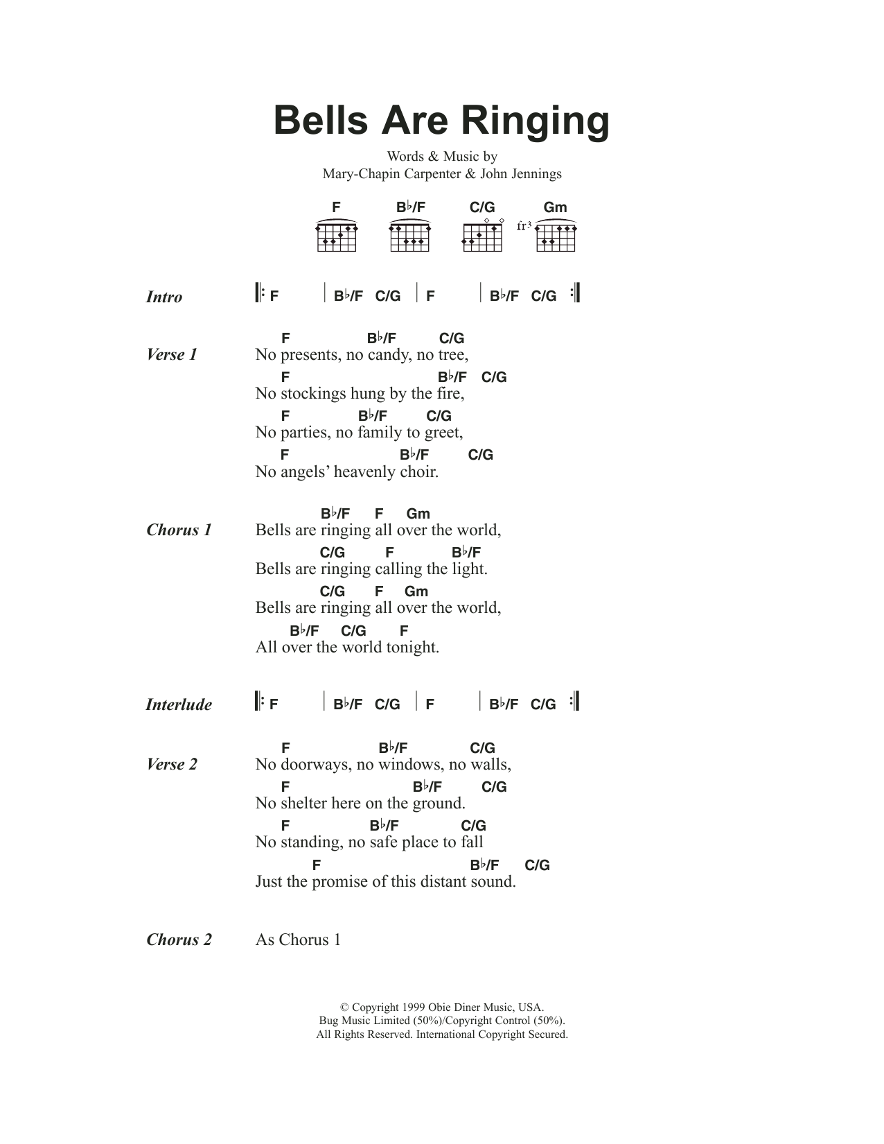 Mary Chapin Carpenter Bells Are Ringing sheet music notes and chords arranged for Guitar Chords/Lyrics