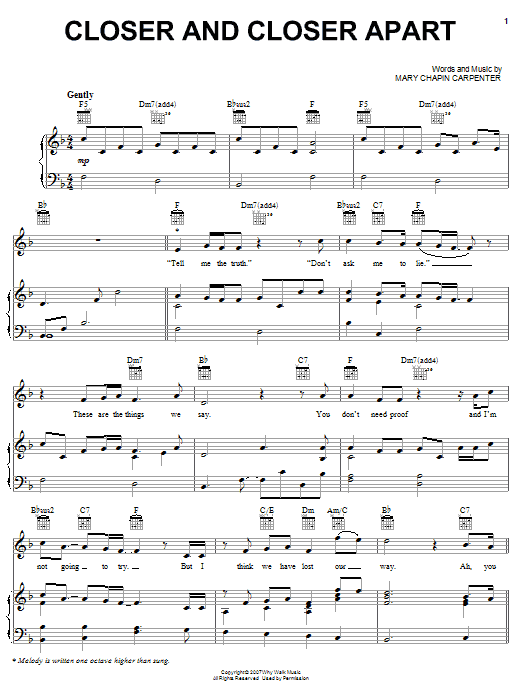 Mary Chapin Carpenter Closer And Closer Apart sheet music notes and chords arranged for Piano, Vocal & Guitar Chords (Right-Hand Melody)