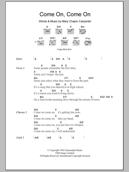 Mary Chapin Carpenter Come On Come On sheet music notes and chords arranged for Guitar Chords/Lyrics