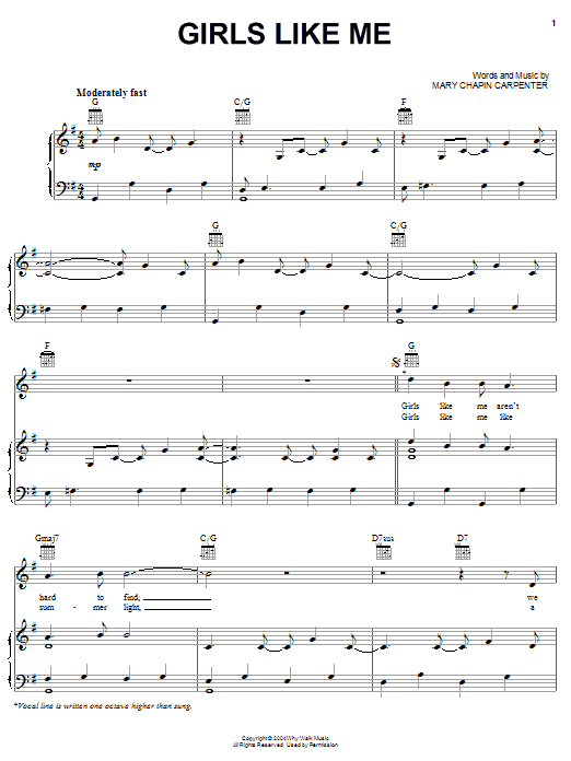 Mary Chapin Carpenter Girls Like Me sheet music notes and chords arranged for Piano, Vocal & Guitar Chords (Right-Hand Melody)