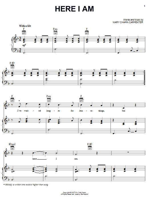 Mary Chapin Carpenter Here I Am sheet music notes and chords arranged for Piano, Vocal & Guitar Chords (Right-Hand Melody)