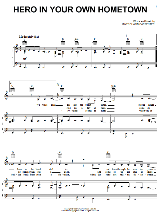 Mary Chapin Carpenter Hero In Your Own Hometown sheet music notes and chords arranged for Piano, Vocal & Guitar Chords (Right-Hand Melody)