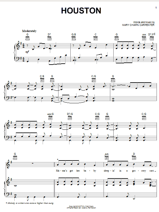 Mary Chapin Carpenter Houston sheet music notes and chords arranged for Piano, Vocal & Guitar Chords (Right-Hand Melody)
