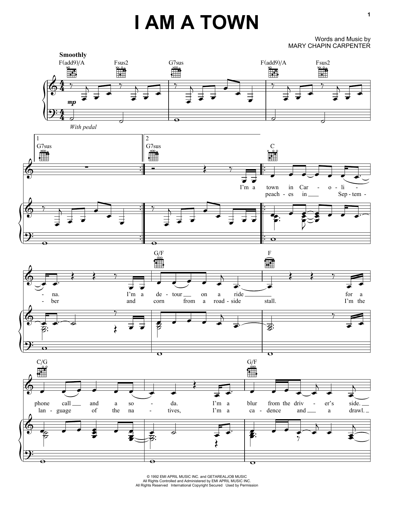 Mary Chapin Carpenter I Am A Town sheet music notes and chords arranged for Piano, Vocal & Guitar Chords (Right-Hand Melody)