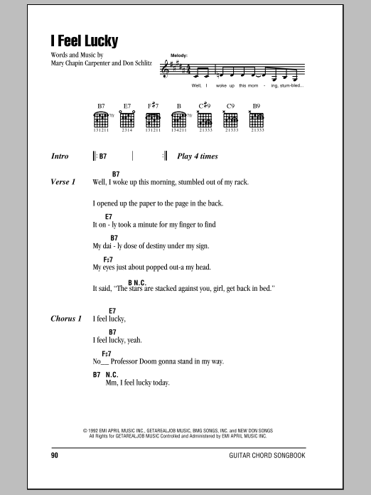 Mary Chapin Carpenter I Feel Lucky sheet music notes and chords arranged for Piano, Vocal & Guitar Chords (Right-Hand Melody)