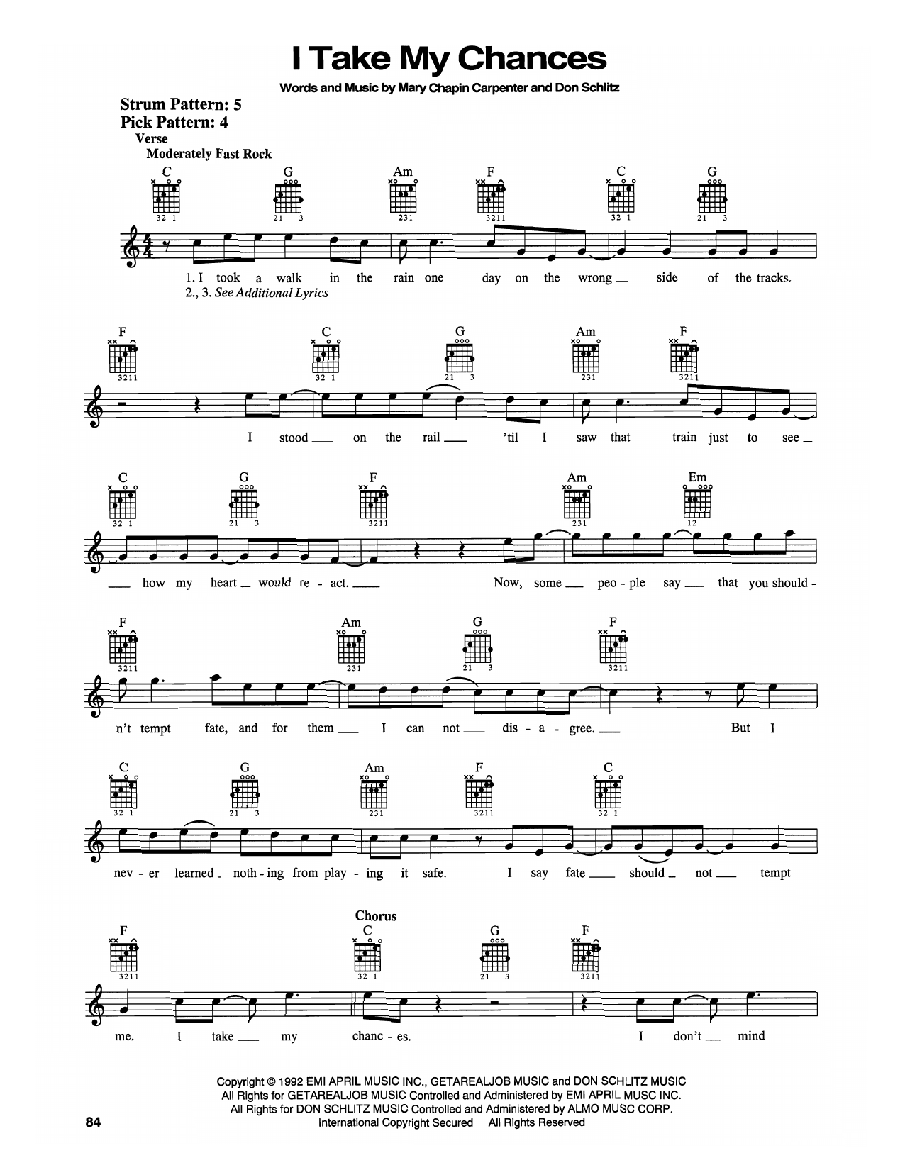 Mary Chapin Carpenter I Take My Chances sheet music notes and chords arranged for Easy Guitar