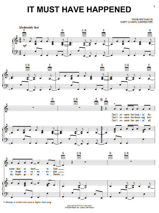 Mary Chapin Carpenter It Must Have Happened sheet music notes and chords arranged for Piano, Vocal & Guitar Chords (Right-Hand Melody)
