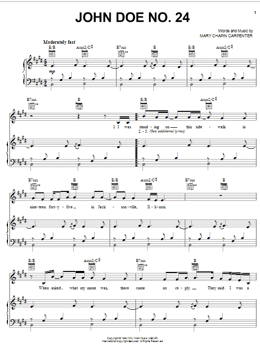 Mary Chapin Carpenter John Doe No. 24 sheet music notes and chords arranged for Piano, Vocal & Guitar Chords (Right-Hand Melody)