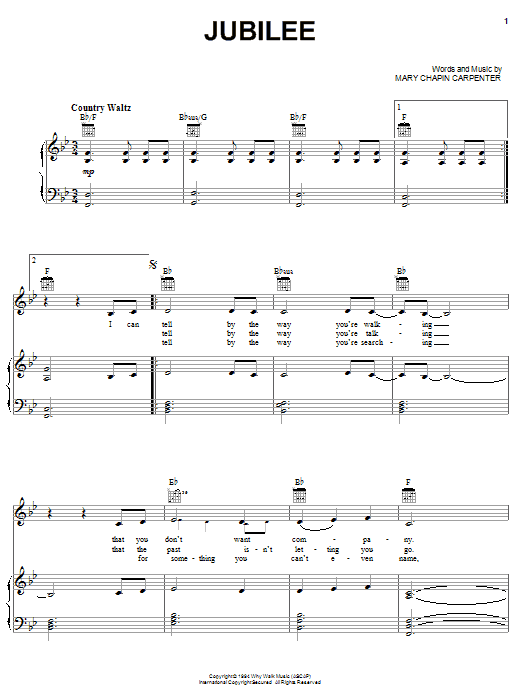 Mary Chapin Carpenter Jubilee sheet music notes and chords arranged for Piano, Vocal & Guitar Chords (Right-Hand Melody)
