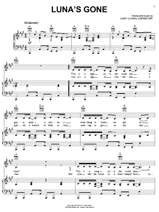 Mary Chapin Carpenter Luna's Gone sheet music notes and chords arranged for Piano, Vocal & Guitar Chords (Right-Hand Melody)