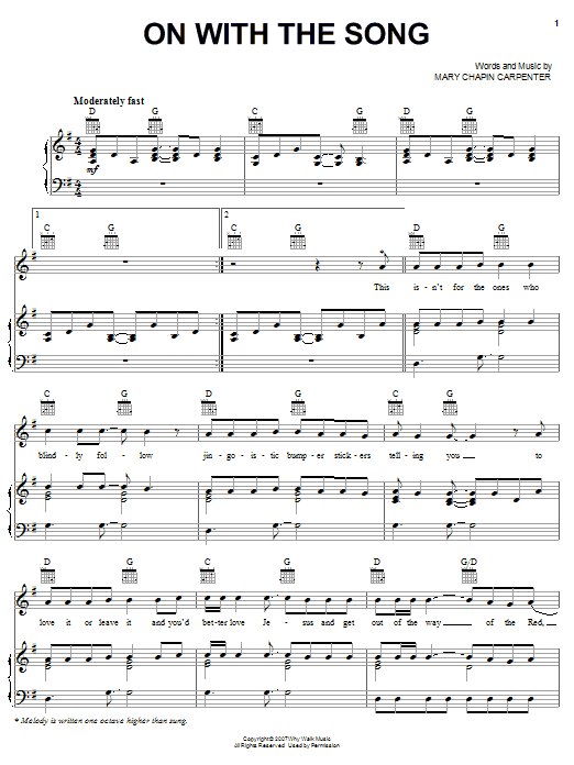 Mary Chapin Carpenter On With The Song sheet music notes and chords arranged for Piano, Vocal & Guitar Chords (Right-Hand Melody)