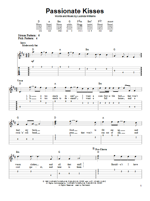 Mary Chapin Carpenter Passionate Kisses sheet music notes and chords arranged for Easy Guitar Tab
