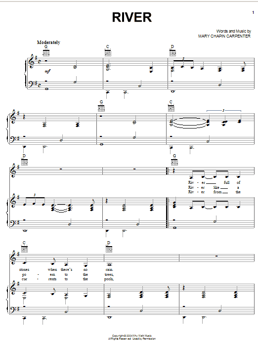 Mary Chapin Carpenter River sheet music notes and chords arranged for Piano, Vocal & Guitar Chords (Right-Hand Melody)