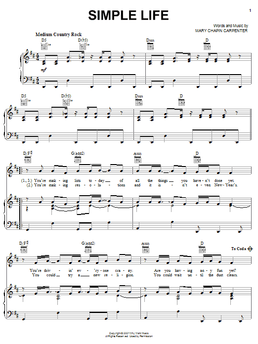 Mary Chapin Carpenter Simple Life sheet music notes and chords arranged for Piano, Vocal & Guitar Chords (Right-Hand Melody)