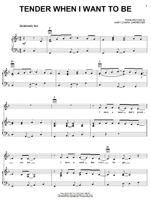 Mary Chapin Carpenter Tender When I Want To Be sheet music notes and chords arranged for Piano, Vocal & Guitar Chords (Right-Hand Melody)