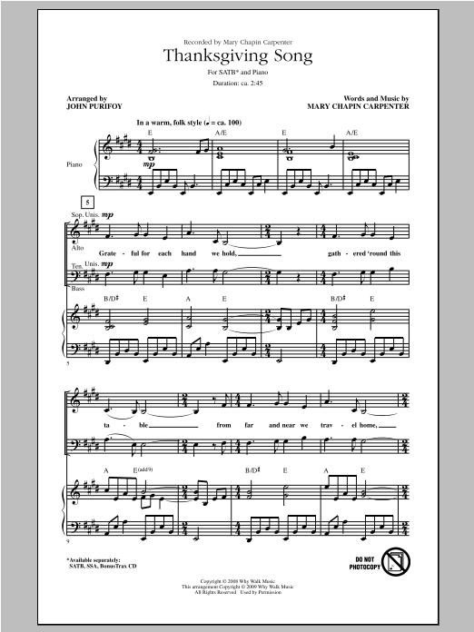 Mary Chapin Carpenter Thanksgiving Song (arr. John Purifoy) sheet music notes and chords arranged for SATB Choir