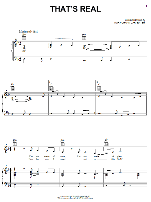 Mary Chapin Carpenter That's Real sheet music notes and chords arranged for Piano, Vocal & Guitar Chords (Right-Hand Melody)