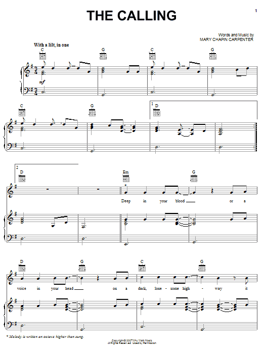 Mary Chapin Carpenter The Calling sheet music notes and chords arranged for Piano, Vocal & Guitar Chords (Right-Hand Melody)