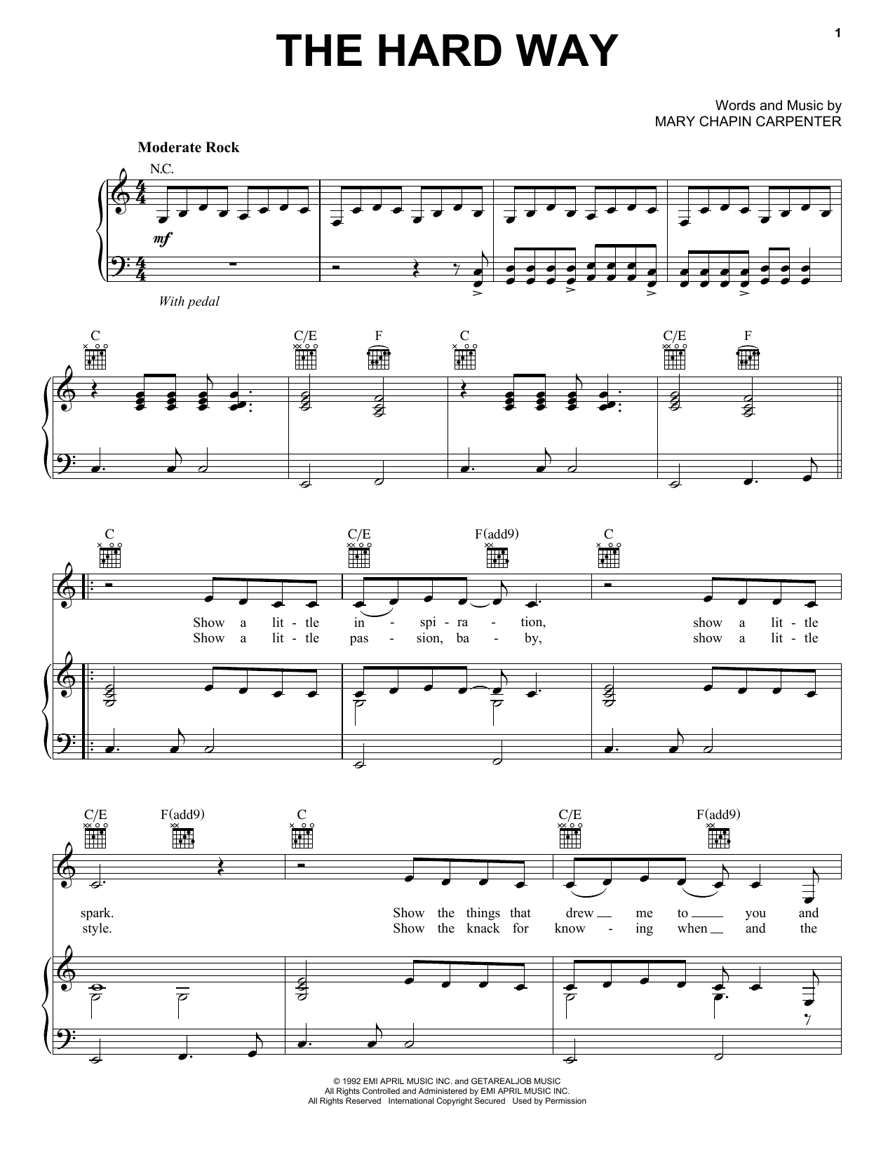 Mary Chapin Carpenter The Hard Way sheet music notes and chords arranged for Piano, Vocal & Guitar Chords (Right-Hand Melody)