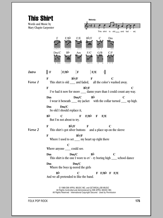 Mary Chapin Carpenter This Shirt sheet music notes and chords arranged for Guitar Chords/Lyrics
