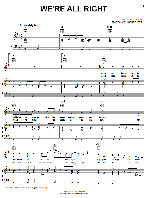 Mary Chapin Carpenter We're All Right sheet music notes and chords arranged for Piano, Vocal & Guitar Chords (Right-Hand Melody)