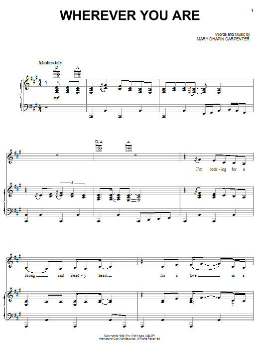 Mary Chapin Carpenter Wherever You Are sheet music notes and chords arranged for Piano, Vocal & Guitar Chords (Right-Hand Melody)