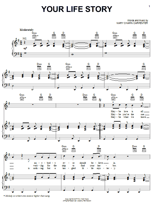 Mary Chapin Carpenter Your Life Story sheet music notes and chords arranged for Piano, Vocal & Guitar Chords (Right-Hand Melody)