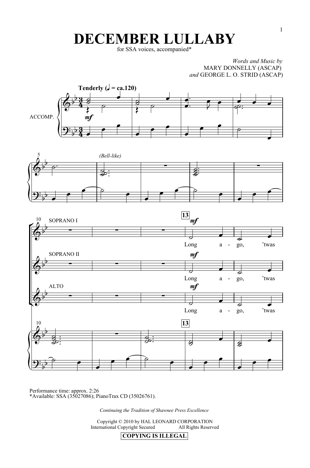 Mary Donnelly & George L.O. Strid December Lullaby sheet music notes and chords arranged for SSA Choir