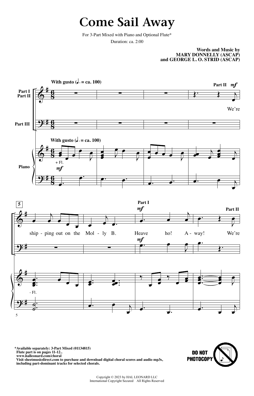Mary Donnelly and George L.O. Strid Come Sail Away sheet music notes and chords arranged for 3-Part Mixed Choir