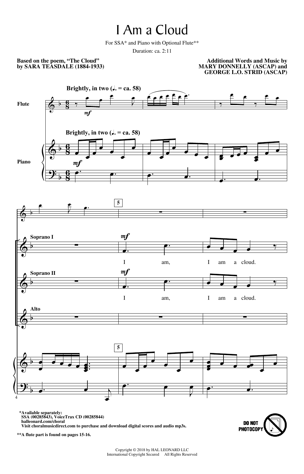 Mary Donnelly and George L.O. Strid I Am A Cloud sheet music notes and chords arranged for SSA Choir