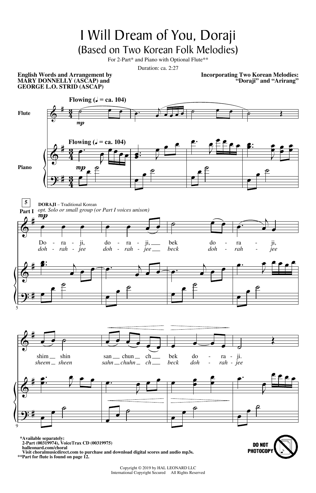 Mary Donnelly and George L.O. Strid I Will Dream Of You, Doraji (Based on Two Korean Folk Melodies) sheet music notes and chords arranged for 2-Part Choir