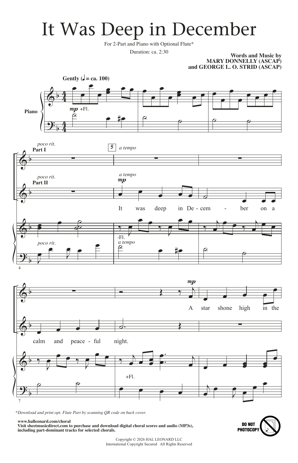 Mary Donelly It Was Deep In December sheet music notes and chords arranged for 2-Part Choir