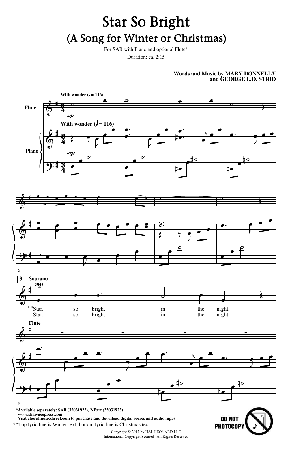 Mary Donnelly and George L.O. Strid Star So Bright (A Song For Winter Or Christmas) sheet music notes and chords arranged for 2-Part Choir