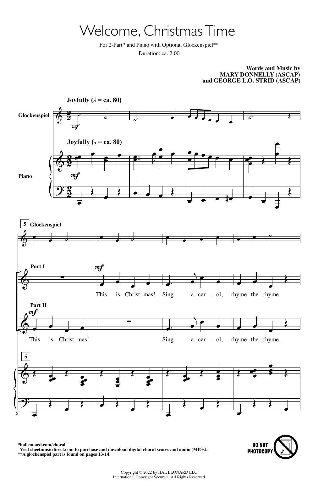 Mary Donnelly and George L.O. Strid Welcome, Christmas Time sheet music notes and chords arranged for 2-Part Choir