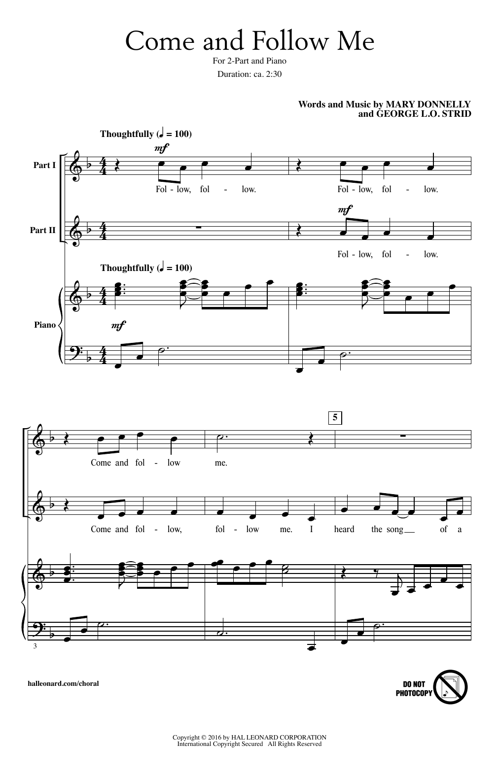 Mary Donnelly Come And Follow Me sheet music notes and chords arranged for 2-Part Choir