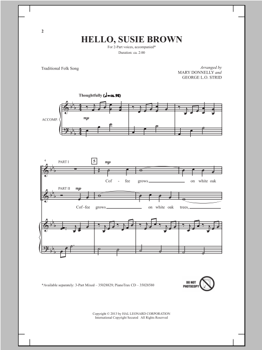 Mary Donnelly Hello, Susie Brown sheet music notes and chords arranged for 2-Part Choir