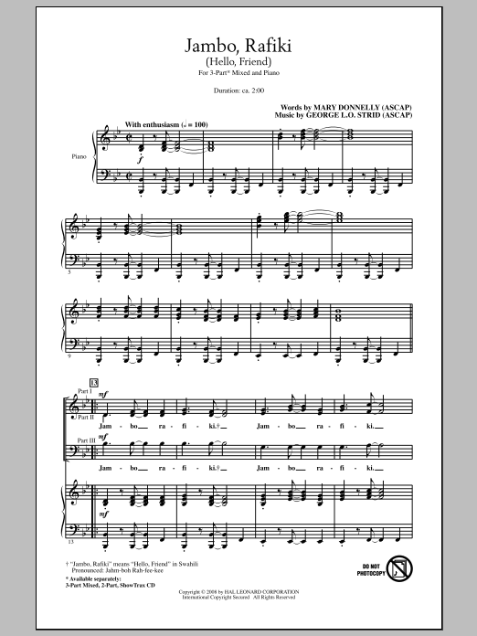Mary Donnelly Jambo, Rafiki (Hello, Friend) sheet music notes and chords arranged for 2-Part Choir