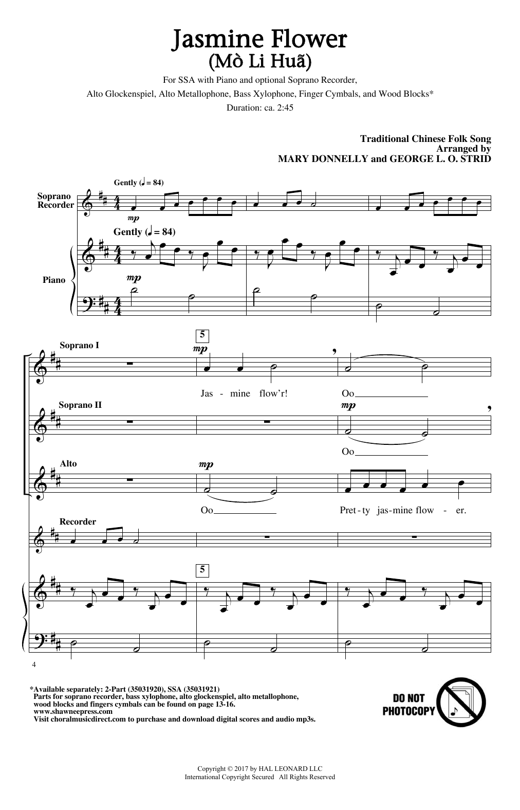 Mary Donnelly Jasmine Flower (Mo Li Hua) sheet music notes and chords arranged for SSA Choir