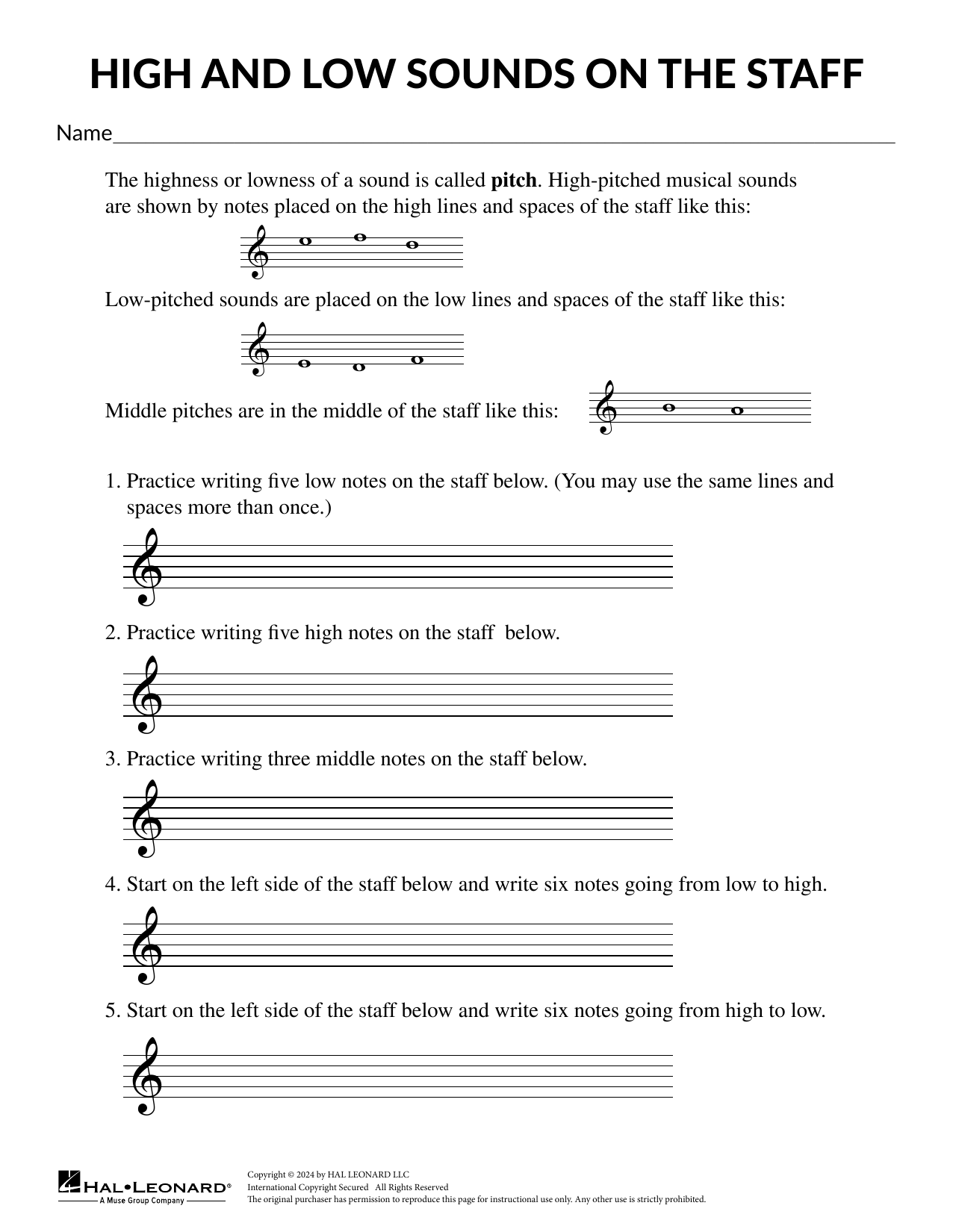 Mary Donelly Low and High Sounds on the Staff sheet music notes and chords arranged for Theory Worksheet