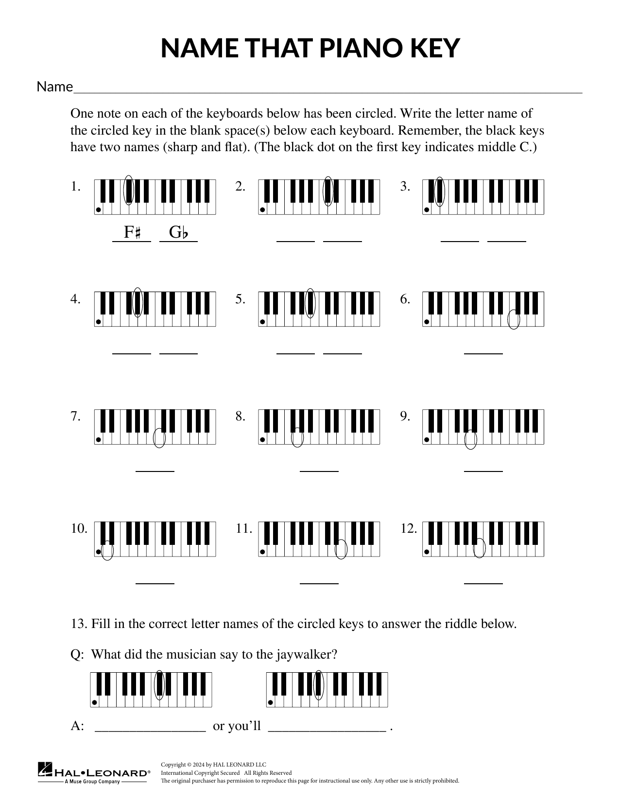 Mary Donelly Name that Piano Key sheet music notes and chords arranged for Theory Worksheet