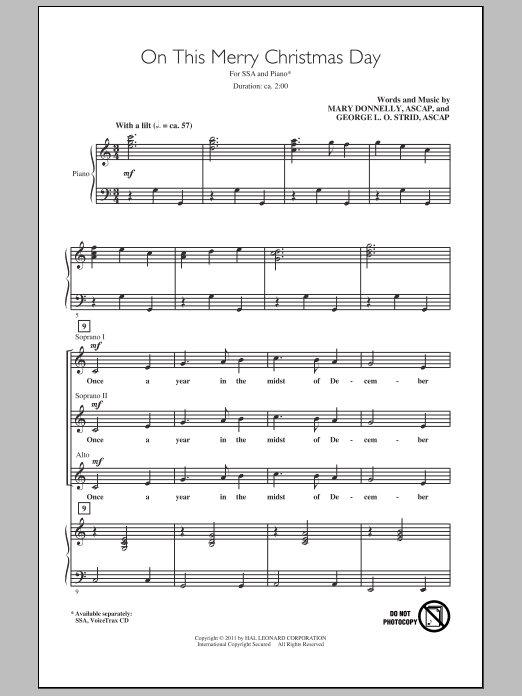 Mary Donnelly On This Merry Christmas Day sheet music notes and chords arranged for SSA Choir