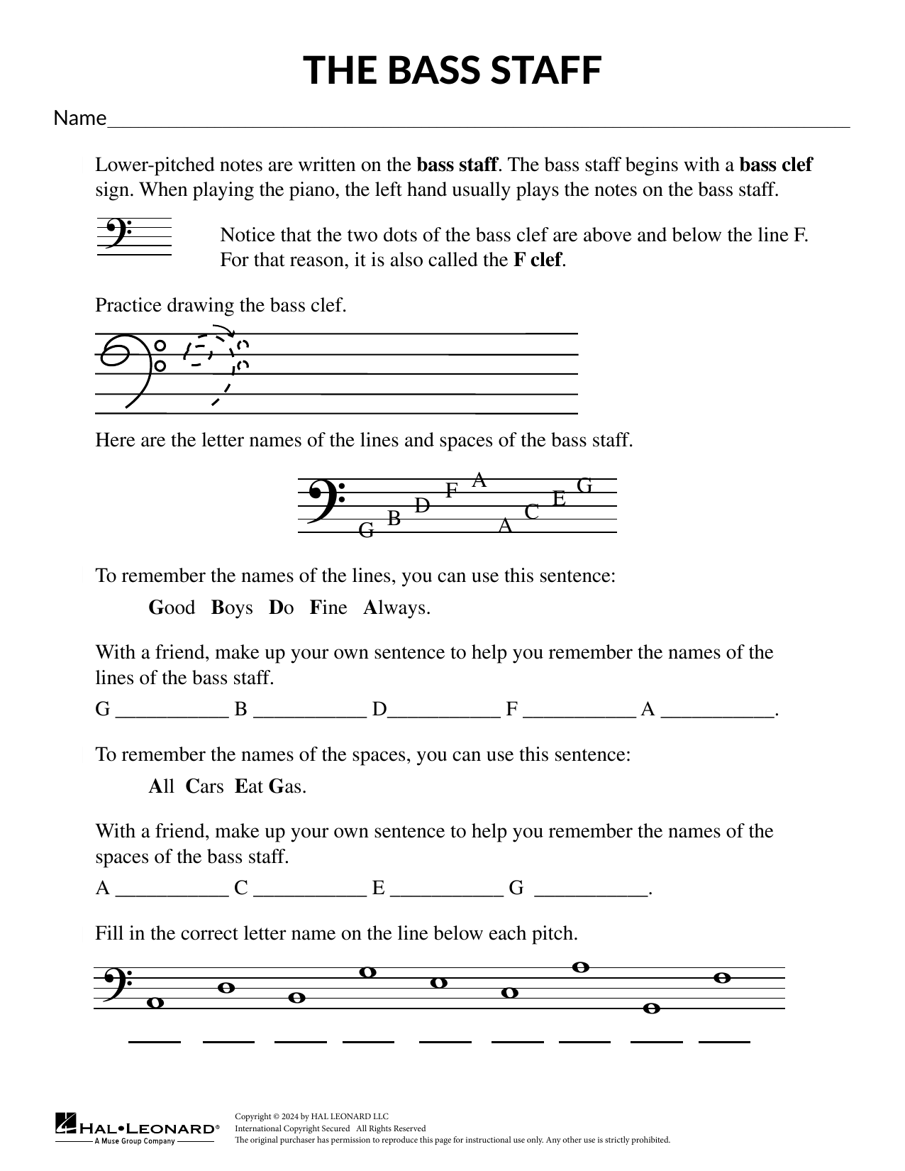 Mary Donnelly The Bass Staff sheet music notes and chords arranged for Theory Worksheet