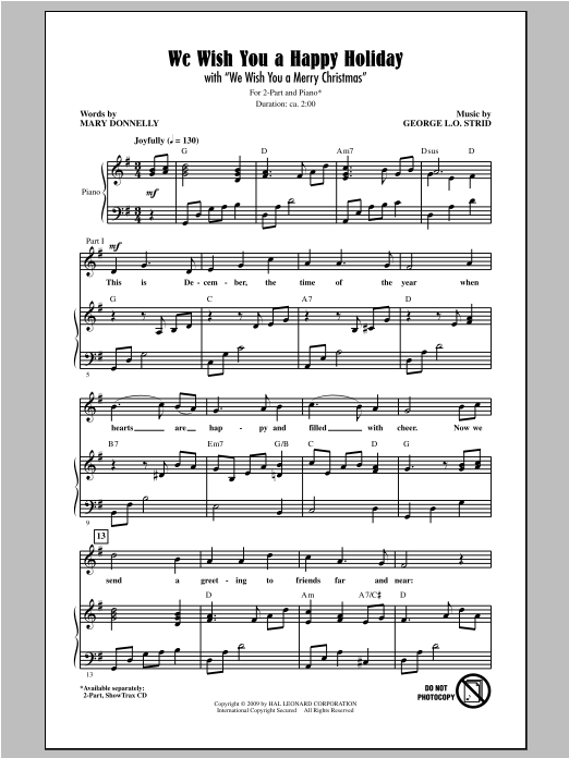 Mary Donnelly We Wish You A Happy Holiday sheet music notes and chords arranged for 2-Part Choir