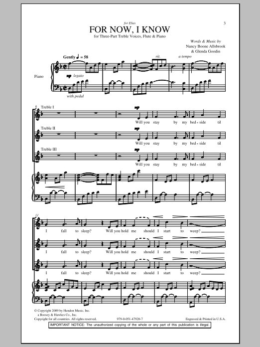 Mary Goetze For Now, I Know sheet music notes and chords arranged for 3-Part Treble Choir