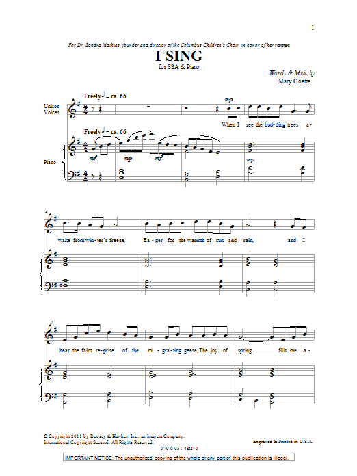 Mary Goetze I Sing sheet music notes and chords arranged for SSA Choir