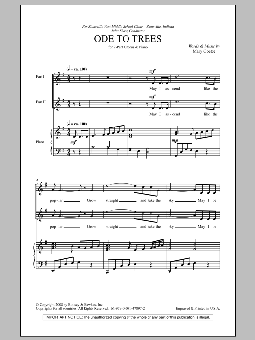 Mary Goetze Ode To Trees sheet music notes and chords arranged for 2-Part Choir