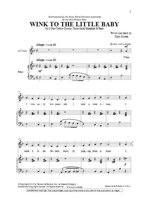 Mary Goetze Wink To The Little Baby sheet music notes and chords arranged for 2-Part Choir