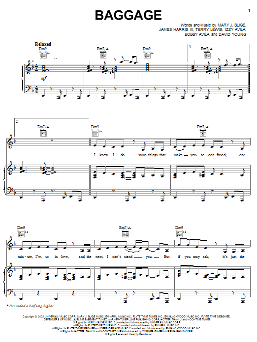 Mary J. Blige Baggage sheet music notes and chords arranged for Piano, Vocal & Guitar Chords (Right-Hand Melody)